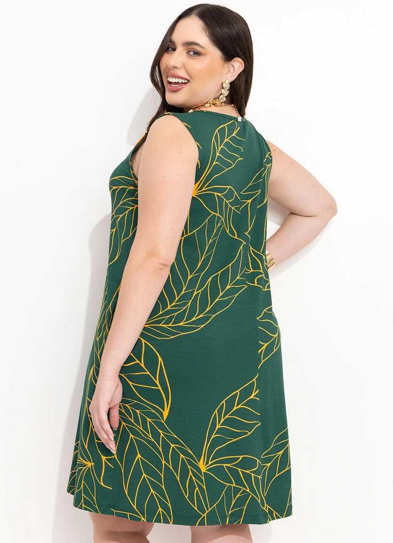 Vestido com Bolsos Folhagem Verde