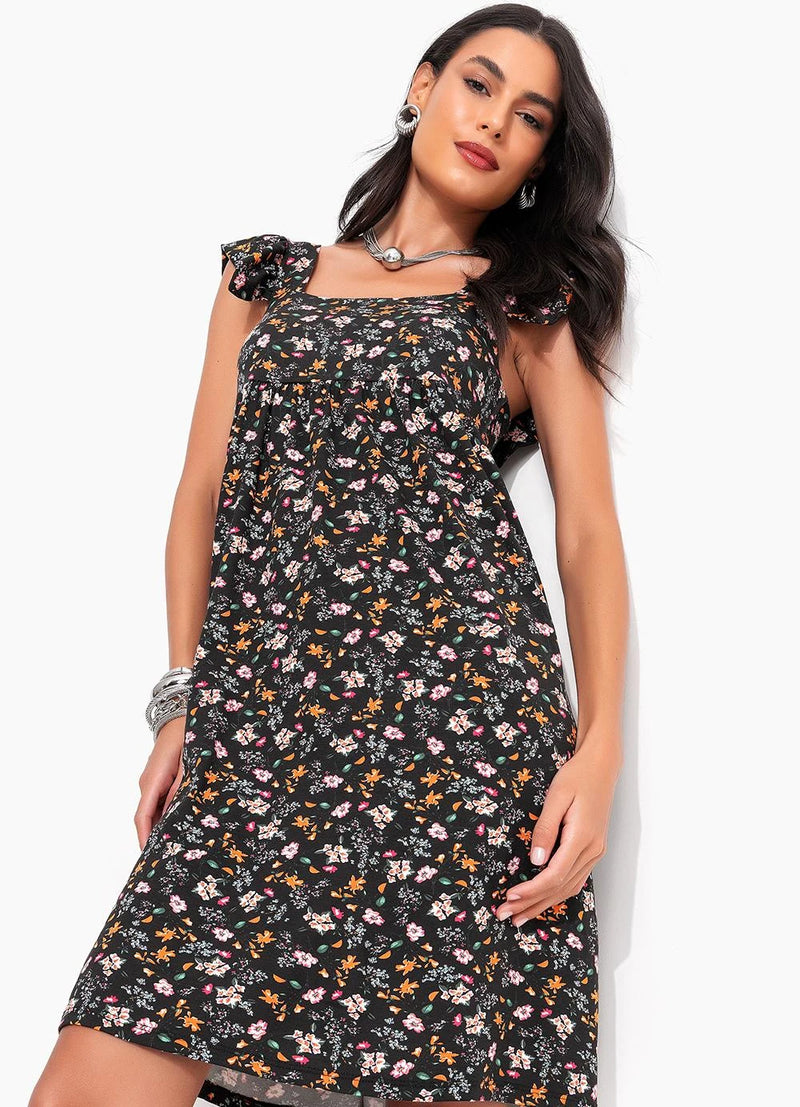 Vestido Floral Preto em Malha de Viscose