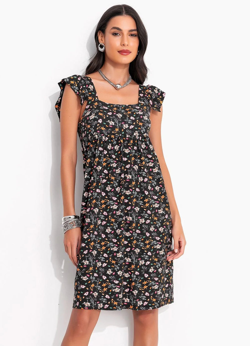 Vestido Floral Preto em Malha de Viscose