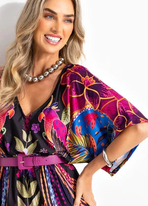 Vestido Floral Tropical em Malha Fria