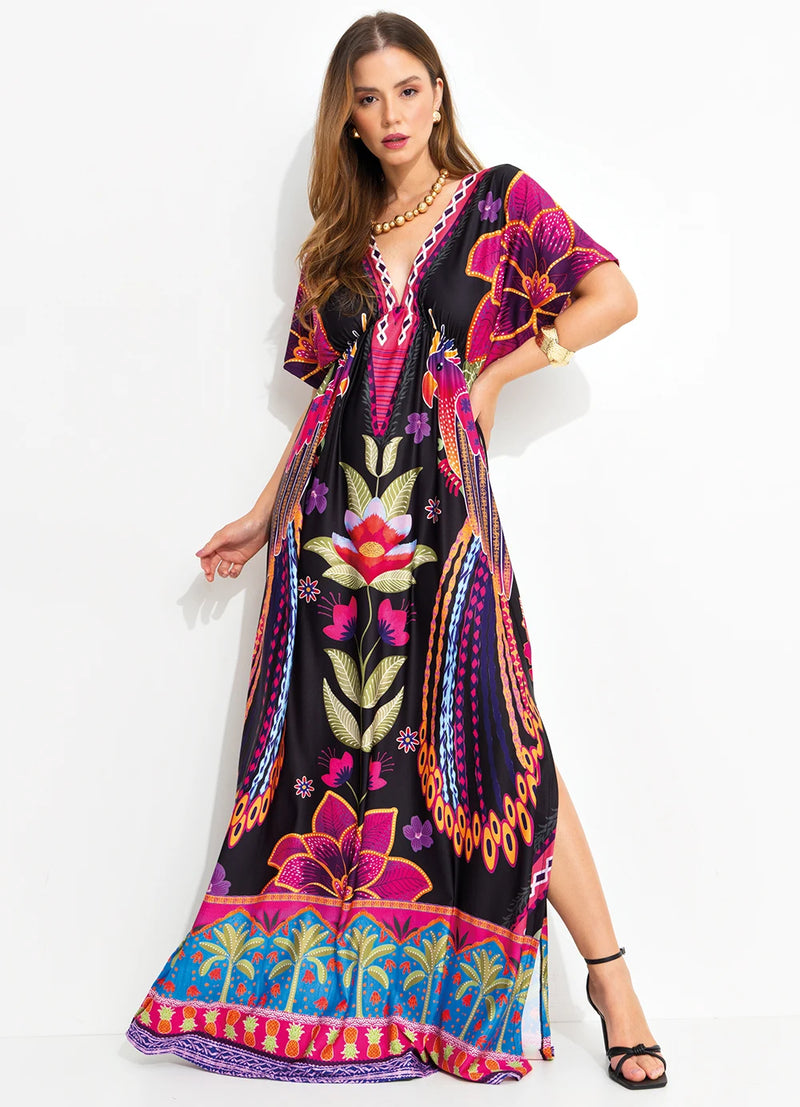 Vestido Floral Tropical em Malha Fria