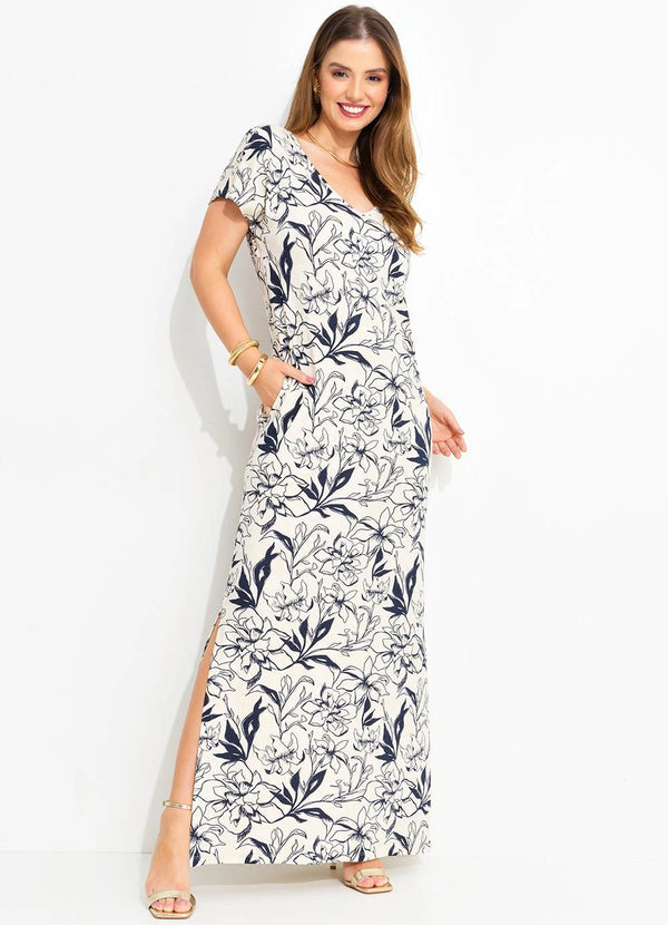 Vestido Linho Floral em Malha de Viscose