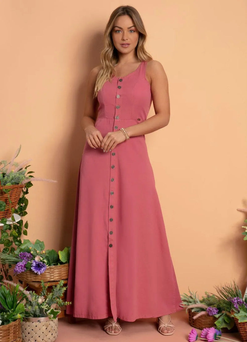 Vestido Longo Jeans Rosa com Botões