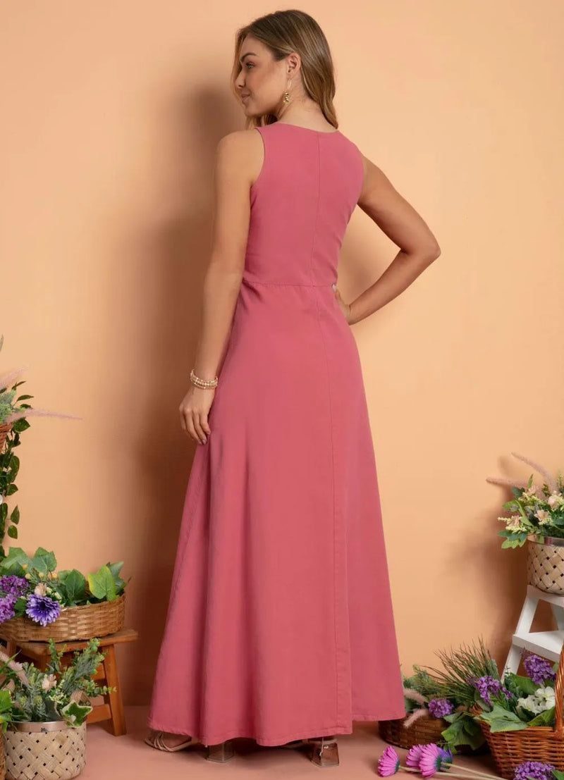 Vestido Longo Jeans Rosa com Botões