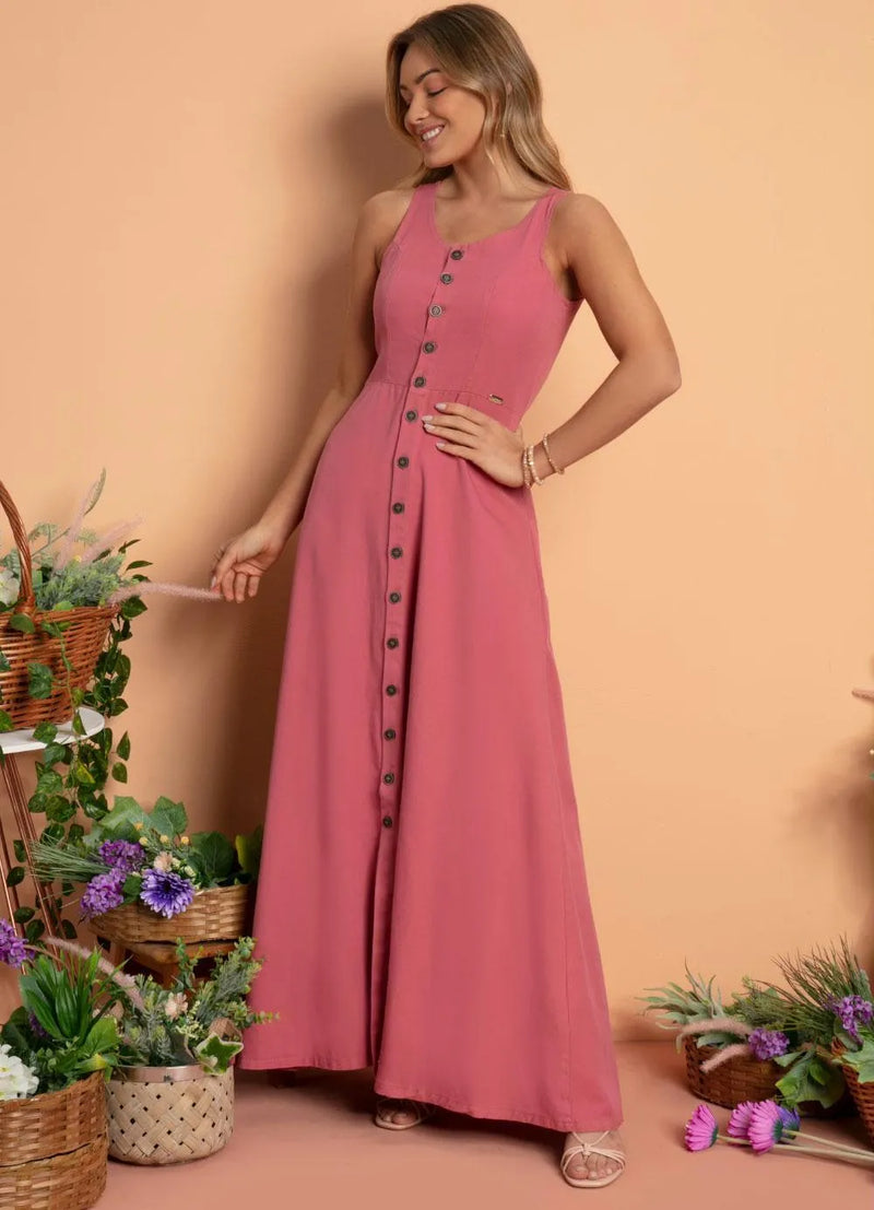 Vestido Longo Jeans Rosa com Botões