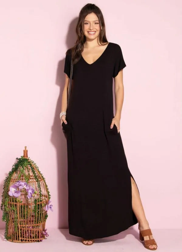 Vestido Longo Soltinho com Fenda Preto