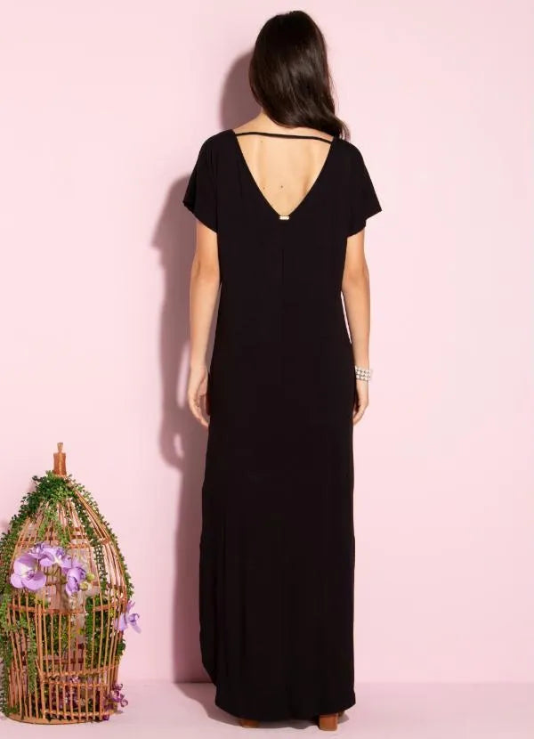 Vestido Longo Soltinho com Fenda Preto