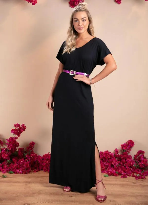 Vestido Longo Soltinho com Fenda Preto