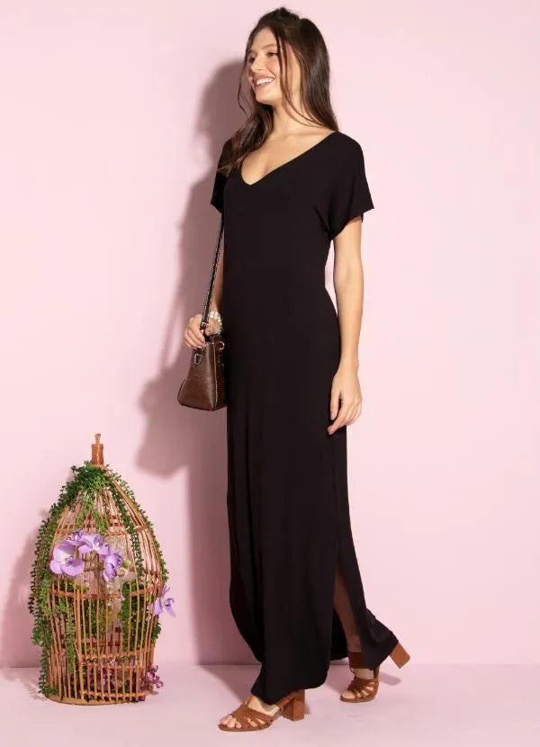 Vestido Longo Soltinho com Fenda Preto