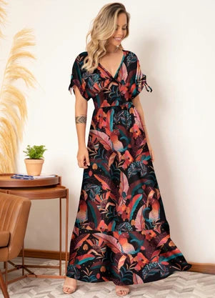 Vestido Longo Tropical Preto com Amarrações