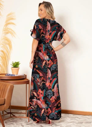 Vestido Longo Tropical Preto com Amarrações