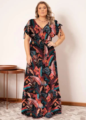 Vestido Longo Tropical Preto com Amarrações